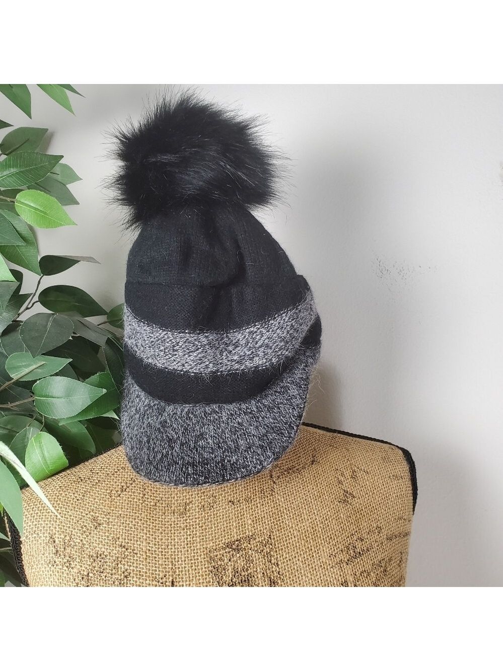 Black Gray Pom Pom Beanie Brimed Hat OS Super Soft
